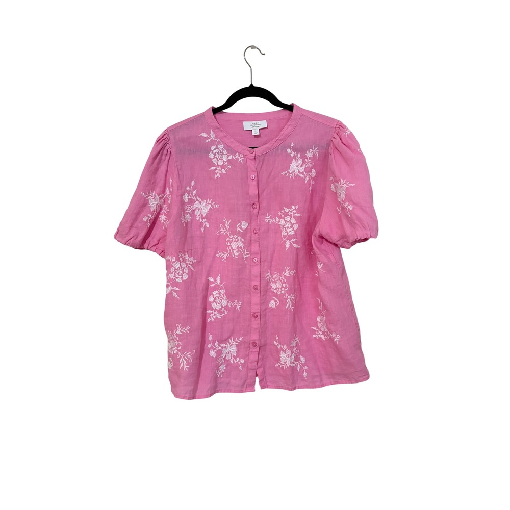 Charter Club Luxury Pink Linen Floral Embroidered Button Down Blouse XL